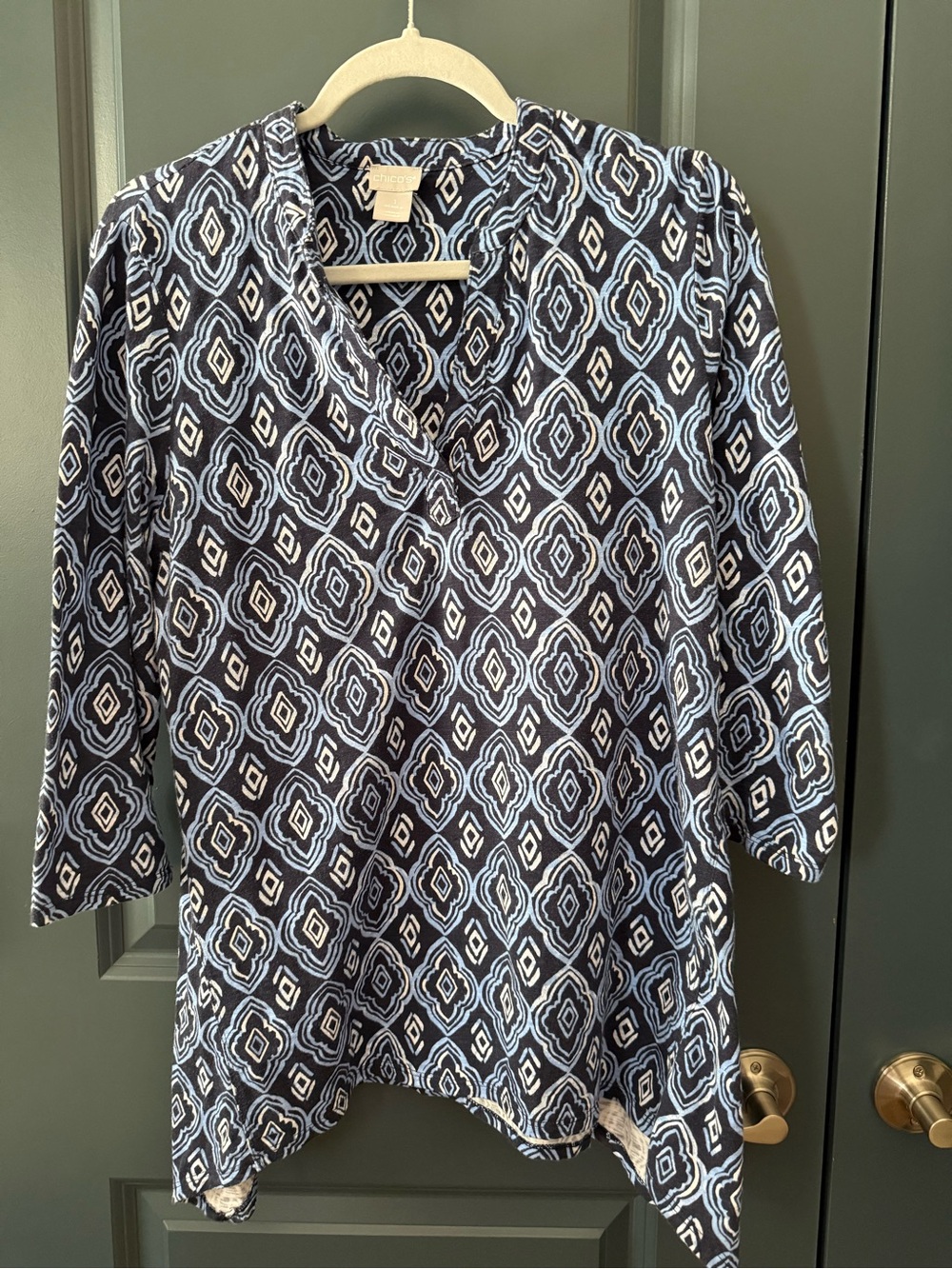 Size 1 Chico's Navy and Light Blue Geometric Tunic Top